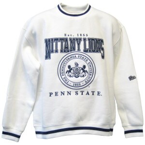 white crew neck sweatshirt with Penn State University Seal, Nittany Lions, Estate. 1855